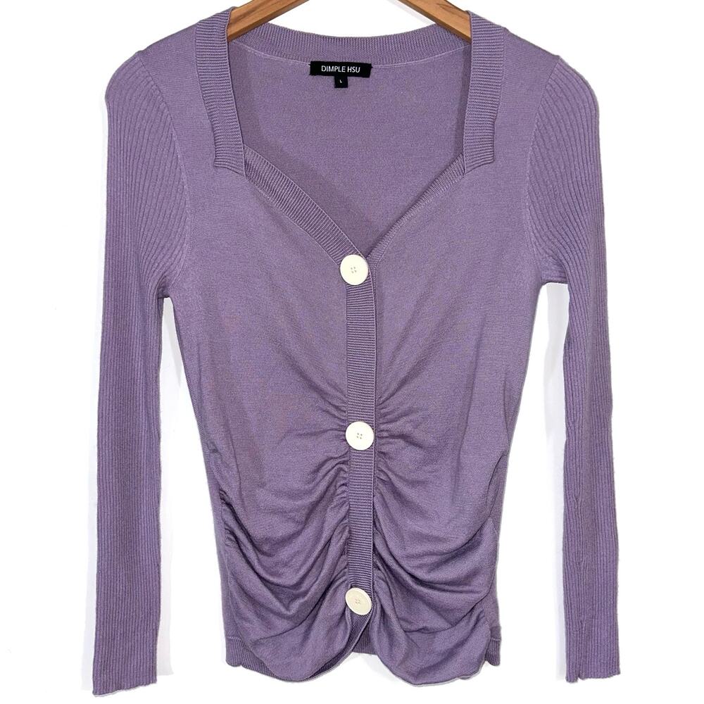 Dimple Hsu Wool Purple Button Front Cardigan Sweater Size Large